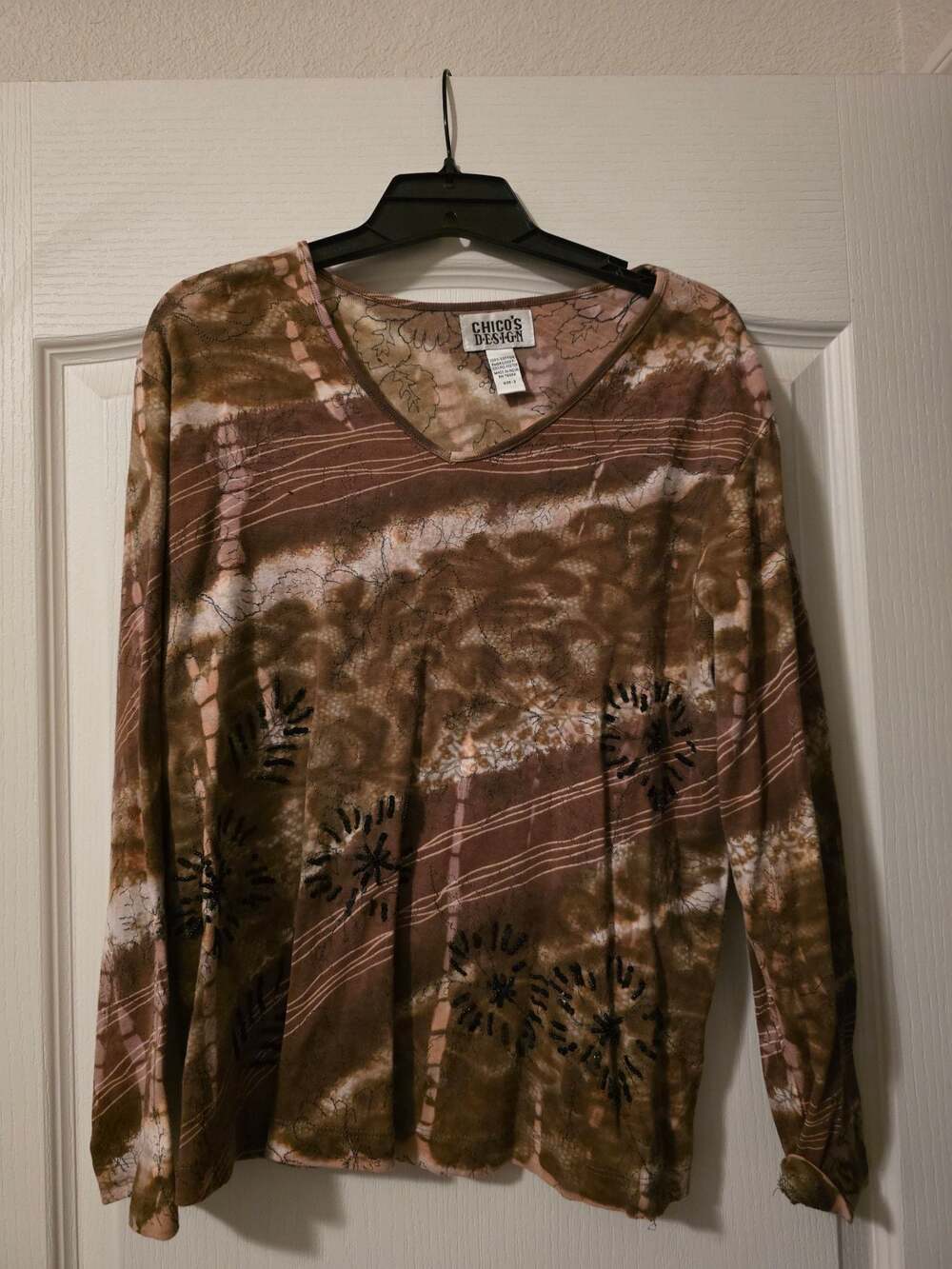 Chico's Design Brown Tie-Dye Long Sleeve Top Embroidery Beading Sz 2